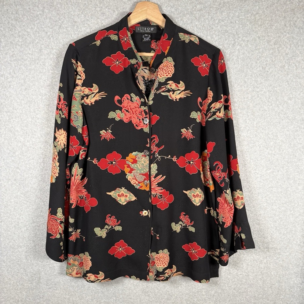 Citron Santa Monica Blouse Womens Medium Petite Black Button Front Shirt
